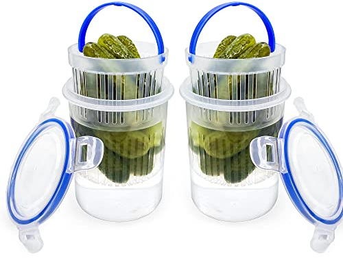 KIKINIKO Lot de 2 bocaux à cornichons de 710 ml avec passoire, support à cornichons, récipient de stockage de cornichons, passoire à cornichons, bocal à rabat avec couvercle anti-fuite et couvercle
