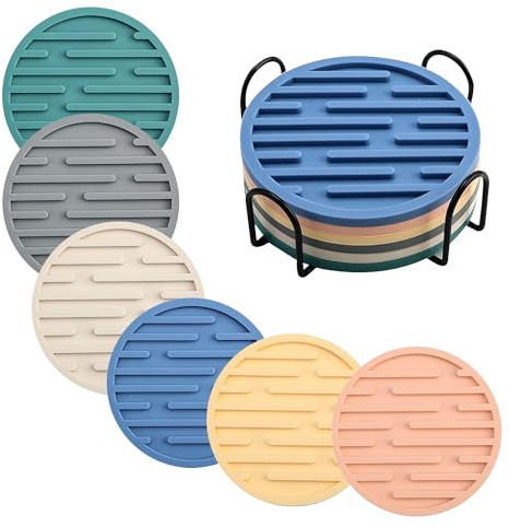 Posavasos para bebidas con soporte, juego de 6 posavasos de cristal, posavasos antideslizantes para bebidas, bar, tazas, vidrio (color mezclado, 6)
