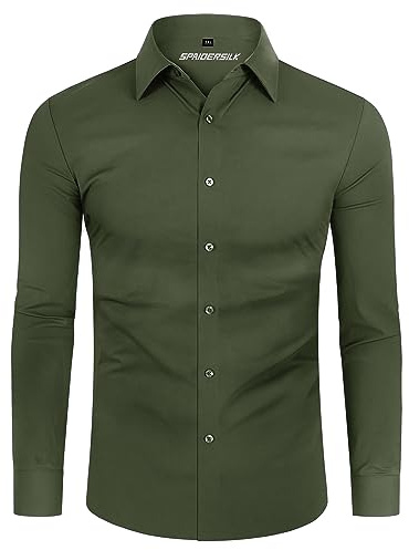 DEMEANOR Camisas de vestir para hombre de 4 vías elásticas, manga larga, ajuste musculoso, camisas formales de vestir para hombre, sin planchado, camisas casuales para negocios, boda, trabajo, verde