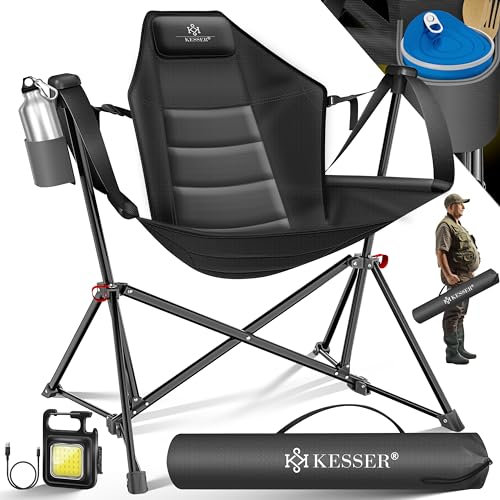 KESSER® Campingstuhl faltbar Schaukelstuhl bis 160 kg | Angelstuhl Faltstuhl Klappstuhl Gepolstert mit hoher Rückenlehne | Inkl. Campinglicht & Getränkehalter | Strandstuhl mit Wippfunktion,Anthrazit