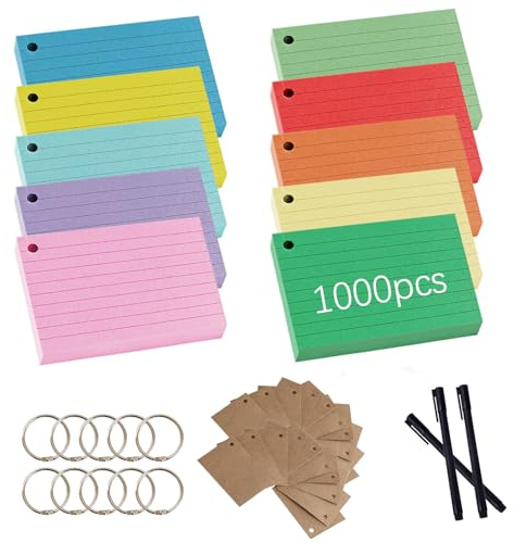 FISH DRAGATE 1000 PiÈCes Flash Cards A8,Fiche Bristol 3 stylos gel,Flashcards Fiches for Revision Pour ÉCole Bureau Maison ÉTude Notes 10 Couleurs 550g/M² Avec 10 Anneaux