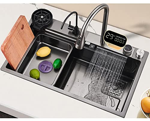 Évier de Cuisine Évier de cuisine, avec robinet de type cascade arc-en-ciel, évier de cuisine de préparation de barre, évier de poste de travail de ferme en acier inoxydable, installation encastrée o