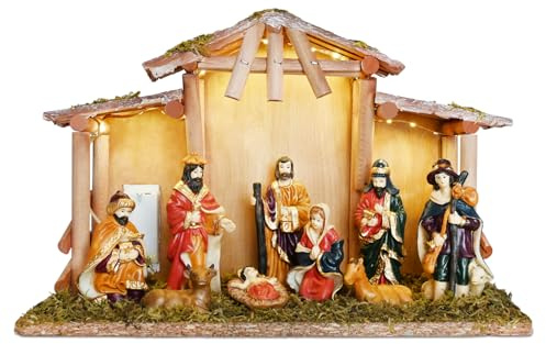 NUKBIL Lighted Nativity Sets for Christmas Indoor, Classic Christmas Story Nativity Scene Set with Wooden Stable, Religious Nativity Sets & Figures with Manger for Xmas Tabletop Decoration