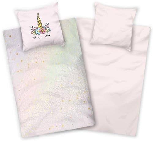 Aminata kids sängkläder enhörning 135 x 200 flickor mikrofiber rosa regnbåge barn sängkläder YKK-dragkedja – strykfri – djurmotiv häst-sängkläder-motiv enhörning