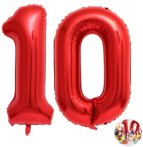 10th Birthday Balloons For Girls Boys, Giant Balloon Number 10 Red, Helium Foil Mylar Big Number Balloons, For Birthday Party Anniversary Supplies Decorations