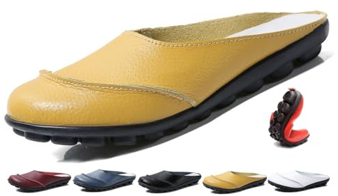Womens Backless Loafers, Genuine Leather Mules for Women Soft Comfortable Ladies Backless Trainers Wide Fit Flat Nursing Shoes (Yellow,40EU)