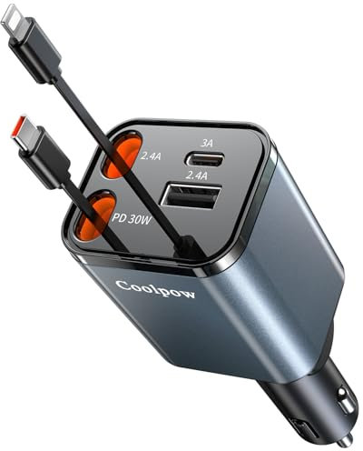 Coolpow 4 in 1 Zigarettenanzünder USB C 【69W Auto Ladegerät】 Adapter Auto【Einziehbares Ladekabel】 Auto Handy Ladegeräte Reiseadapter Kfz Ladegerät USB C/Typ-C Kabel für iPhone 17 Pro Max Plus Galaxy