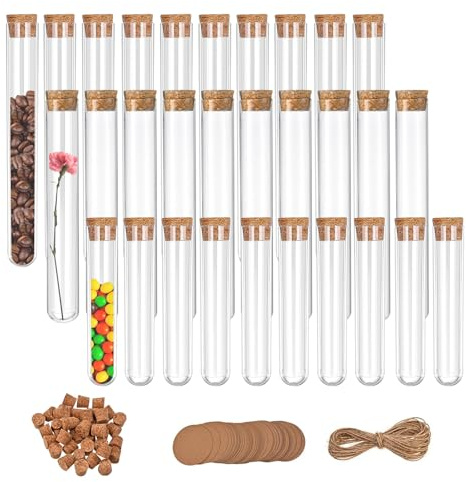 30 Tubos de Ensayo con Corcho: 16×100mm+16×150mm+20×150mm Tubos de Ensayo P lastico, con 100 Etiqueta de papel kraft y Cuerda de yute, para Dulces, Especias, Flores, Probetas Plastico Transparente