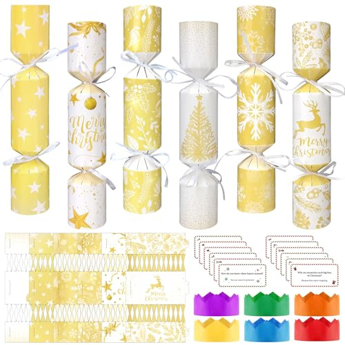 DPKOW 12 Pack Gold Christmas Crackers with Prizes Non-Snap, DIY Snowflake Star Elk Crackers Holiday Xmas Gifts Boxes Christmas Party Table Cracker with Hats Riddle Cards, Xmas Cracker Making Kits