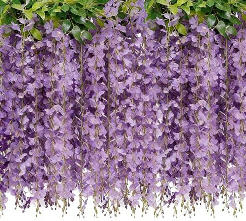 CECOMBINE 4 Pack 26Ft Wisteria Artificial Flowers, Purple Wisteria Hanging Vines With 40 Branches, Faux Silk Flower Garland for Wedding Decorations, Garden, Home & Party Decor