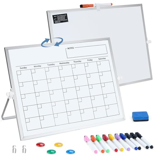 Pizarra blanca magnética de doble cara con soporte, 40 x 30 cm, planificador mensual, calendario borrable, giratorio 360°, pizarra blanca para oficina, hogar, oficina, planificación, enseñanza para