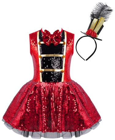 Manyakai Girls Circus Ringmaster Jumpsuit Shiny Sequins Dance Leotard Dress for Carnival Party Dress Up Red Black 6 Years