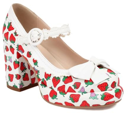 Scarpe Donna Mary Jane Heels Chunky Platform Pumps Cute Strawberry Print Pois Color Block Fiocco Retro Lolita Style Comfort Scarpe Eleganti per Cosplay Festa Daily Wear Casual Fashion