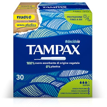 Tampax Super, 30 assorbenti interni con applicatore in cartone. L'unico Tampax senza plastica e con cuore assorbente 100% di origine vegetale. Ideale per flussi da medi a abbondanti