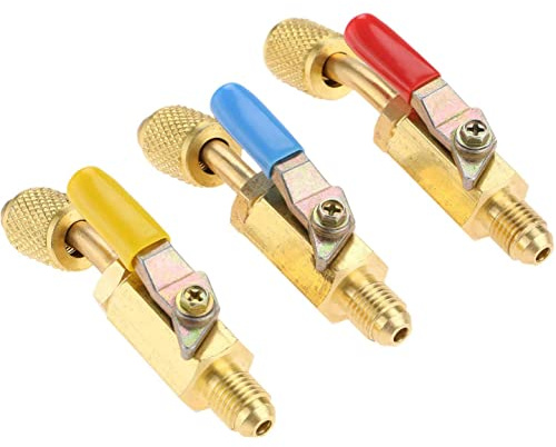 SURIEEN 3 Pack R134A Angled Compact Shut-Off Ball Valve Adapter 3 Colors 1/4 SAE Thread Fits for HVAC Air Conditioning Refrigerant R134A R12 R22 R502 Charging Hoses Air Condition Refrigerant Tools