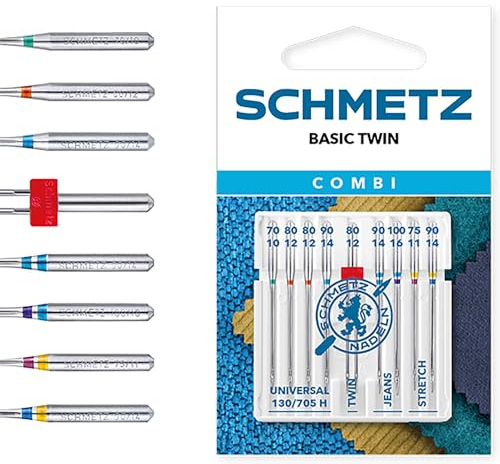 SCHMETZ | 9 Aiguilles pour machines à coudre | Combi-Box Basic Twin | 130/705 H KNS | Assortments | Universal/Jeans/Stretch/Double Universal