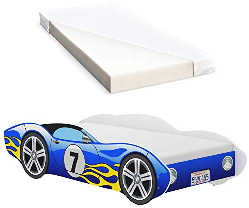 iGLOBAL Letto per bambini Cars, letto per ragazzi con rete a doghe, materasso in schiuma 140 x 70 cm, blu