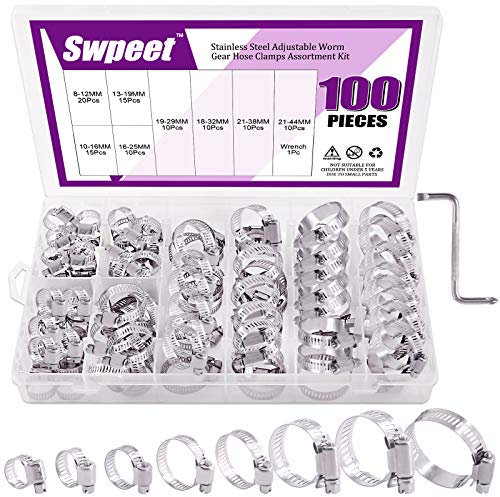 Swpeet 100Pcs 100 Pièces 8 Tailles 6-38mm Collier de Serrage Réglables, Colliers de serrage en acier inoxydable, Tuyau Clips, Tuyau Clips Réglable,pour tuyau d'eau, plomberie, automobile et mécanique