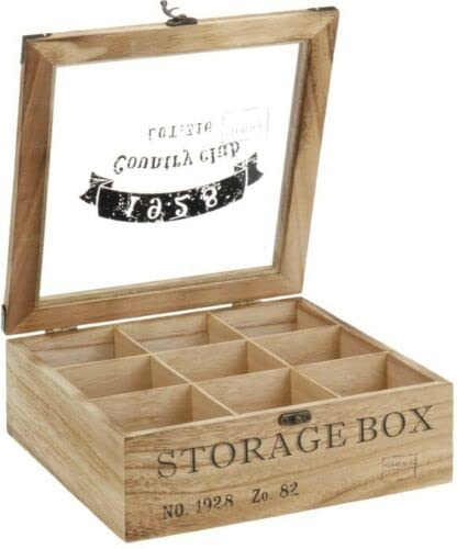 9 Compartment Wooden Tea Box with Glass Lid & Clasp Lock - Tea Bag Storage Organiser