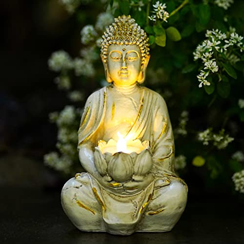Yeomoo Figura de Buda de meditación, portavelas, decoración para salón, figuras de Buda con Lotus Zen, decoración de jardín para exteriores, con luz LED, regalos personalizados, color blanco, 20 cm