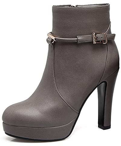 Bviennic Femmes Bout Rond Elegant Plateforme Bloc Bottillons Soirée Robe Hiver Mode Talons Hauts Bottillons Boucle Gris Taille 35 Eu