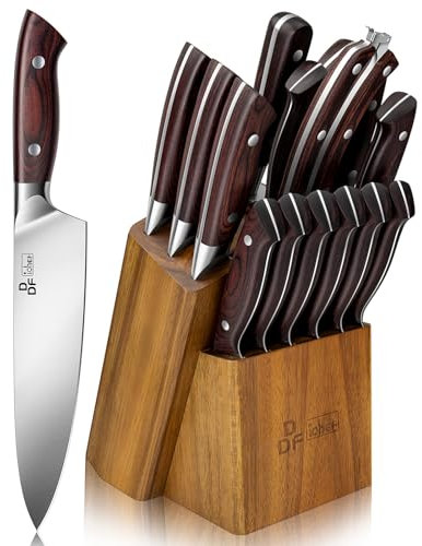 DDF iohEF Set Couteau Cuisine 16 Pièces Ensemble Set de Couteaux Cuisine avec Bloc, Japonais en Acier inoxydable avec Aiguiseur Ciseaux Couteaux de Chef Professionnels Ultra Tranchants