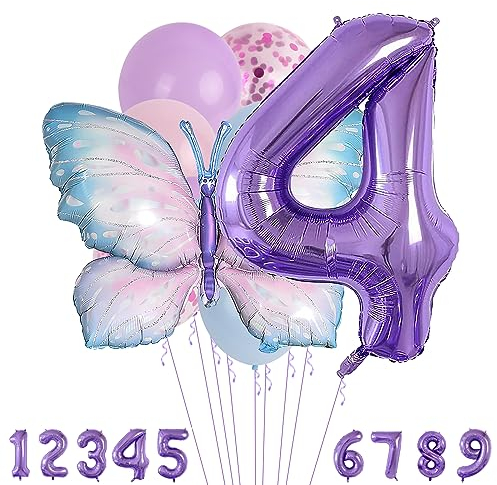 4 Jahre Set - Zahl Folienballon，Tiere Deko，Blau Lila Geburtstagsdeko Schmetterling Deko，Kindergeburtstag Party-Deko Zahl 4 Luftballon für Mädchen Jungen Geburtstags Festival Party Dekoration