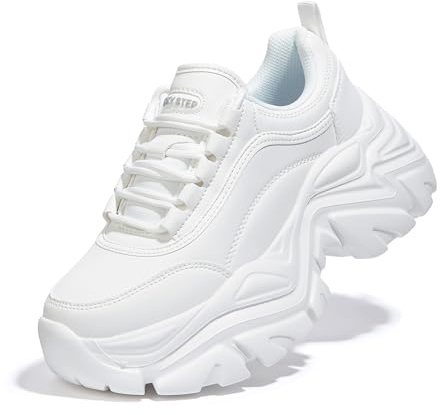 LUCKY STEP Dam Mode Tjocka Sneakers, Läder Pappaskor med Vinkelsula för Daglig Användning