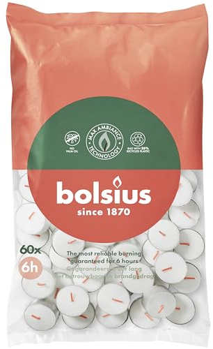Bolsius D-light Teelichter - 60 Stück - im Beutel - Länge Brenndauer 6 Stunden - Dekorative Haushaltkerzen - Weiß - Enthält Natürliches Pflanzenwachs - Ohne Palmöl