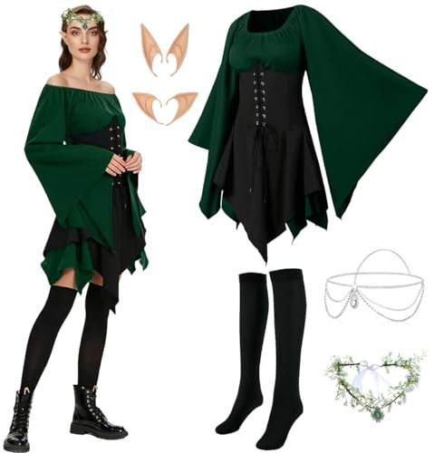 LGZIN Abito Tradizionale Irlandese da Donna, Abito Medievale da Donna, Costumi Gotici Donna con Orecchie da Elfo, Accessori per Capelli, Calzini, Vestito Gotico da Donna per Halloween Carnevale (L)
