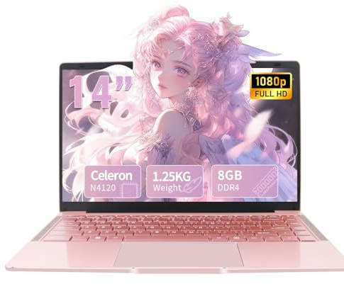 LONGEVINCE Ordinateur Portable 14 Pouces, 8 Go de RAM, DDR4, Ultrabook, IPS 1920 x 1080, Celeron N4120,sous, avec Protection de Clavier AZERTY en français(Or Rose, 8GB+128G SSD)