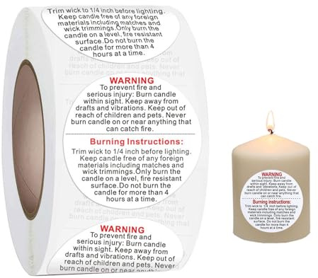 Etiquetas de seguridad contra llamas: advertencias sobre velas, 1 rollo de 500 etiquetas de seguridad para velas | Pegatinas de seguridad para derretir cera para tarros de velas, latas, contenedores y