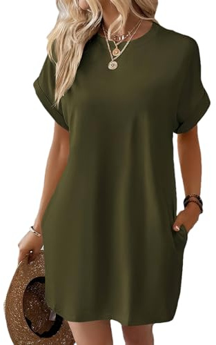 aromm Mujer Vestido de Verano Casual Camiseta de Manga Corta Playa Cubre Ups con Bolsillos, Verde Militar, L
