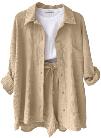 Yutdeng Conjuntos Mujer Verano Casual Conjunto Lino Mujer Conjunto de Dos Piezas Chándal Camisa Manga Larga Pantalones Cortos Conjunto Deportivo Mujer Loungewear Traje de Casa Trabajo Ropa Deportiva