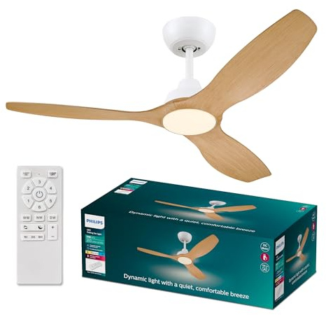 Ventilador de techo Philips Olas, 3 aspas 52´, luz LED de 24W, motor DC, rango de temperatura de color (3000K-4300K-6500K), modo verano/invierno, control remoto incluido,con seguridad IEC 60598