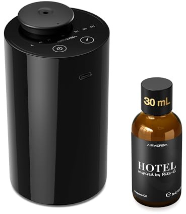 Airversa Waterless Essential Oil Diffuser Starter Kit with 30mL Hotel Fragrance Oil Inspired by Ritz-C., Battery Operated Car Diffuser, Portable Aroma Nebulizer for Home Car Office, AN6Kit-B, Black