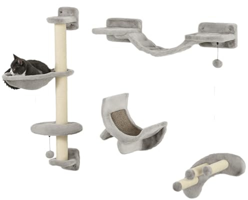 PawHut Juego de Estanterías para Gatos de 4 Piezas Rascador de Pared para Gatos con Hamaca Postes Rascadores Escalera Blanda Plataformas Gris
