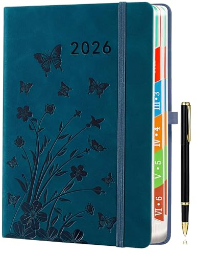 HwxBen Agenda 2026 Journalier A5 – Une Page par Jour, Janv.-Déc., Planificateur Quotidien et Mensuel, Onglets Mensuels Colorés, Design Floral, Porte-stylo Élastique, Couleur Bleu Paon