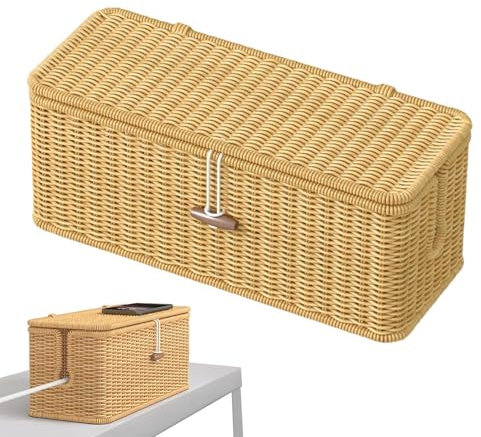 Holdes Organizadora De Cables, Tejida Imitación Rattán para Organizar Cables En Hogar | De Almacenaje con Tapa Y Cierre para Computadora, Router Y Concentrador USB