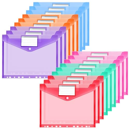 OFFCUP Bolsillos perforados expandibles, 18 carteras A4 de plástico, funda para documentos de plástico transparente A4 con botones automáticos y etiquetas, 6 colores