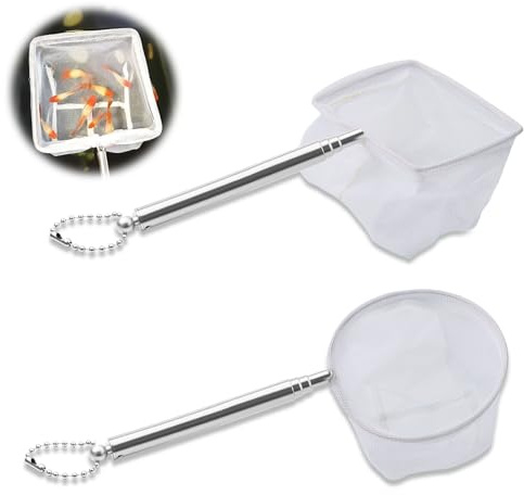2Pcs Aquarium Net with Telescopic Handle Fish Tank Nets With Stainless Steel Extendable Handle Nylon Round Square Fine Mesh Net 5-15 Inch for Pond Catching Fish Shrimp Cleaning Debris (White)