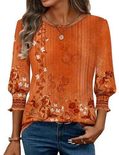 Zeagoo Orange Tops for Women Three-Quarter Sleeve Shirts Fall Clothes Business Casual Dressy Blouses Loose Fit