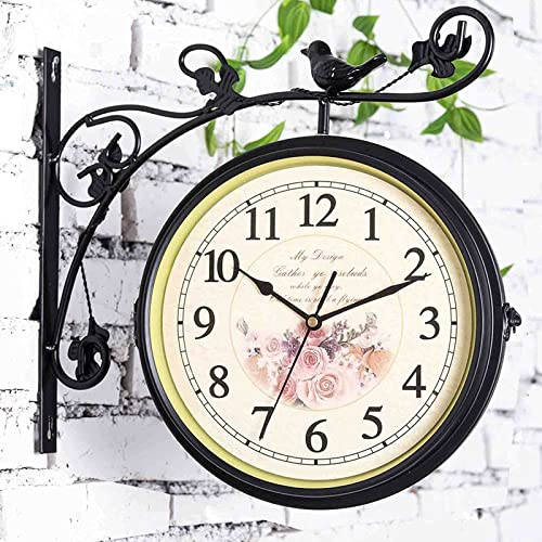 Reloj de pared, reloj de jardín impermeable de doble cara con diseño de pájaros, construcción de hierro forjado, giratorio de 360 grados para decoración del hogar en interiores y exteriores