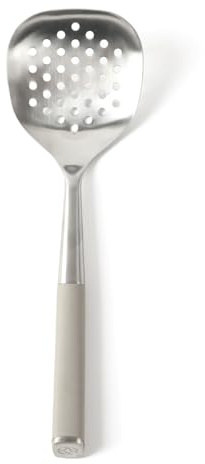 Calphalon Edge Stainless Steel Slotted Spoon/Skimmer with Taupe Handle, Slotted Cooking Tool for Draining and Skimming, Heat-Resistant, Durable Kitchen Utensil for Everyday Use