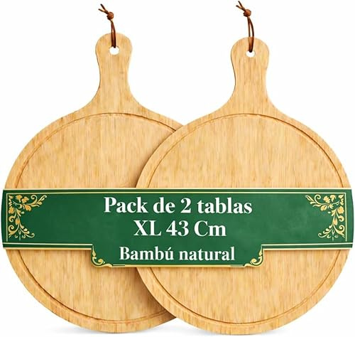 Confezione da 2 taglieri in bambù XL 43 cm Rotonda Piatto Pizza Legno Tagliere Grande per Pizza, Formaggi e Servire - Legno Bambù Resistente e Facile da Pulire