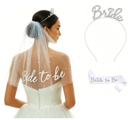 Bride to Be Bow Veil with Sash and Crown, Bachelorette Party Set | White Bow Veil, Bride To Be Sash, Crown Tiara, for Bachelorette Party, Bridal Shower, Wedding