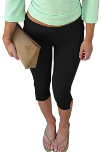 BABWWNIX Y2k Fold Over Capri Pants for Women Elastic Low Waist Knee Length Stretch Yoga Pants Slim Fit Going Out Crop Trouser (D-Black, M)