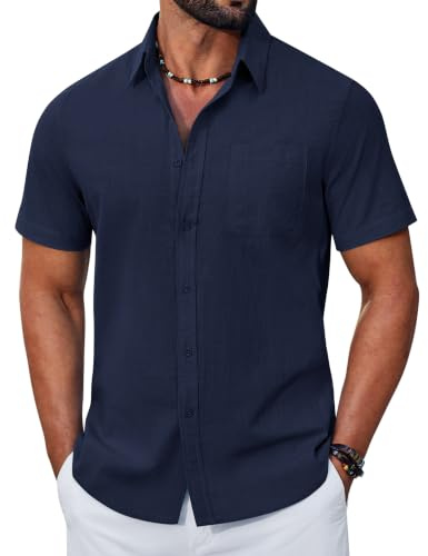 COOFANDY Camicia da uomo a maniche corte, in cotone, leggera, per il tempo libero, estiva, casual, vestibilità regolare, con tasca, Blu mare, XL