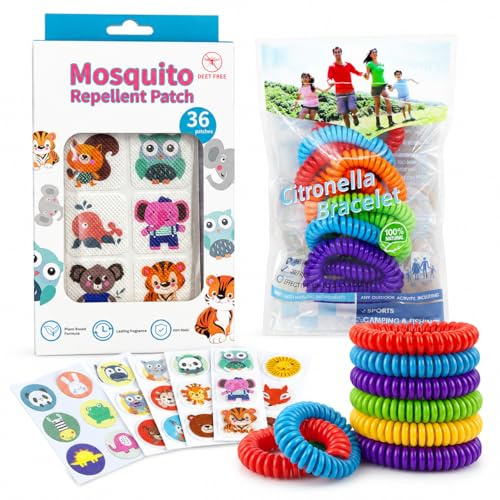 TIENDIFY Pack Antimosquitos Citronela, 36 Parches Adhesivos Aromáticos y 10 Pulseras con Aceites Esenciales para Niños y Adultos, Camping Viajes Hogar y Exterior