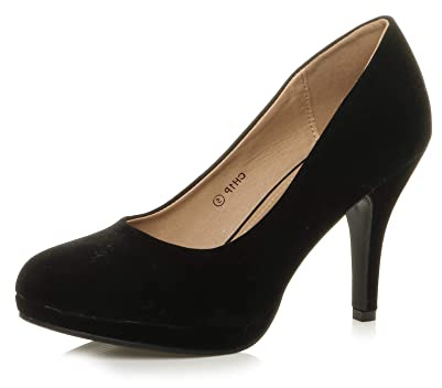 Womens Ladies mid high Heel Platform Work Evening Court Shoes Pumps, Black Suede, 7 UK